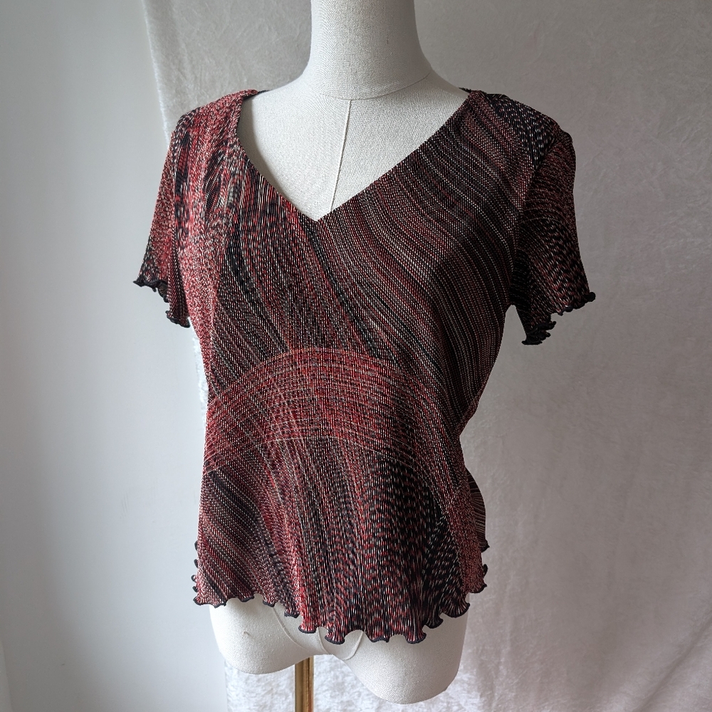 Abstract Red Black Vintage Short Sleeve V-neck Blouse Rubie Bee 12P